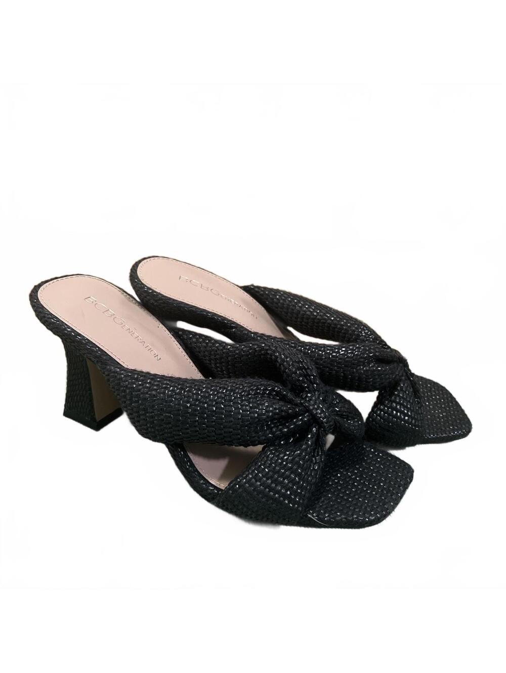 BCBGeneration Rooba Black Woven Knotted Block Heel Mules Womens Size 7 EU 37.5